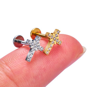 F136 titanio <span class=keywords><strong>Piercing</strong></span> oreja Studs Labret <span class=keywords><strong>labio</strong></span> 16G forma de cruz Pierc circón incrustaciones pendientes cristianos espalda plana joyería religiosa - Product Image 6