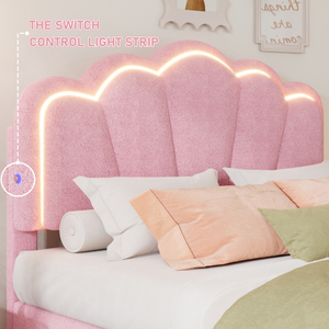 Modern Twin Size Upholstered Flower-Shape <b>Bed</b> with <b>LED</b> Light Strip Solid Wood Platform <b>Bed</b> and Wooden Slats Support - Product Image 3