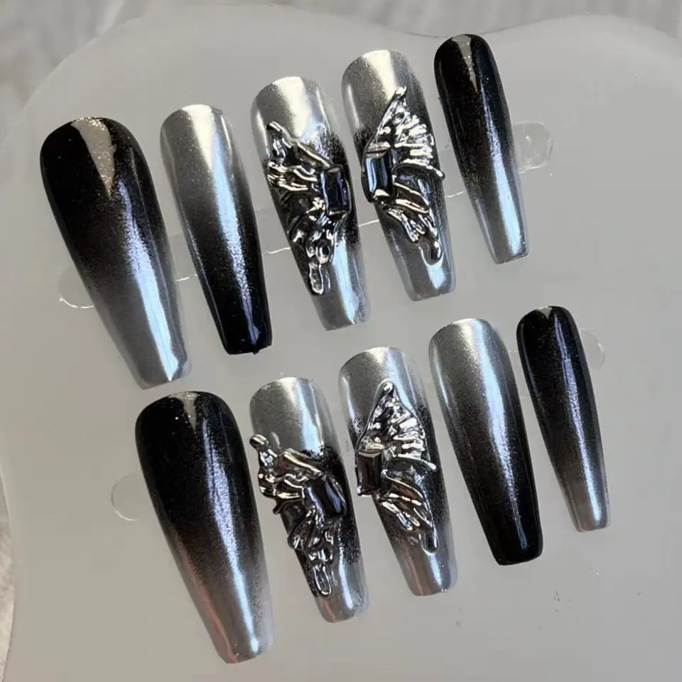 Mirror Silver Cyberpunk Metallic Butterfly Extra Long Coffin Full Cover Handmade Artificial Fake Designer Black Press On Nails