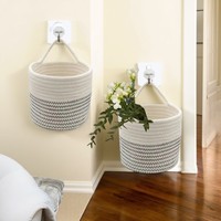 Panier de rangement rond en corde de coton avec crochets, style européen-américain, support mural suspendu pour plantes et pots de fleurs pour chambre à coucher