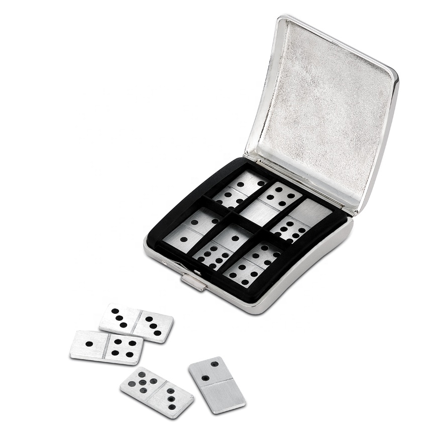 Promotional Silver Double 6 Domino Set with Black Satin