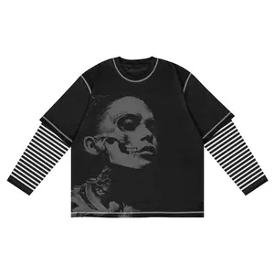 250gsm heavy weight Hip Hop Patchwork Long Sleeves Cotton T Shirt Men Custom Screen Printing Contrast Stitch Layered Shirts