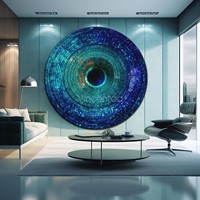 Grande sculpture murale ronde en métal Vincentaa, bleue, avec motif concentrique, pour la décoration du hall d'hôtel