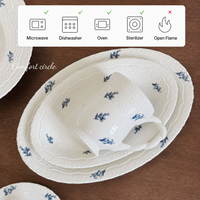 Peralatan Makan Porselen Prancis Vintage Bordir Renda Biru Motif Bunga Alas Putih Aman untuk Microwave Logo Dapat Disesuaikan Grosir