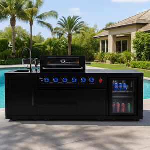 Cuisine extérieure modulaire Youya pour le camping, 3/6 brûleurs, étanche, noire, en acier inoxydable, avec réfrigérateur et évier - Product Image 1