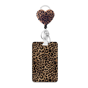 In stock: Brown leopard print heart-shaped card holder with rotating back <b>clip</b>, shiny acrylic heavy-duty badge scroll, embossed - Product Image 5