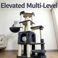 Grand arbre à chat avec poteaux à gratter en sisal gris, hamac latéral, maisonnette fermée, balles suspendues et larges plateformes