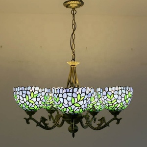 LongHuiJing Vintage Tiffany Style Stained Glass Dome <b>Chandelier</b> 6 <b>Lights</b> Wisteria Stained Glass Carved Pendant Lamp - Product Image 4