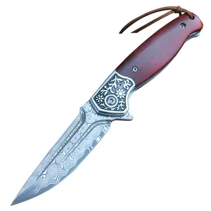 高品质大马士革钢制刀片折叠刀，用于户外露营，带钢花头和天然玫瑰木手柄