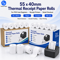 Rouleaux de papier thermique pour TPV, 2 pouces, 55x40mm, 70gsm, sans mandrin, pour imprimantes TPV, directement de l'usine