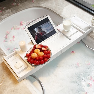 Nordic Style Bamboo Wooden Bath Tub Tray Modern Fashion White Bamboo Bathtub Caddy With Extending Sides
