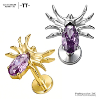 Clous d'oreille en titane ASTM F136 16G, motif araignée en zircon, boucles d'oreilles dorées en forme d'animal, bijoux de piercing tendance pour cartilage, tragus, hélix