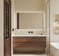 Lemari Kabinet Kamar Mandi Desain Minimalis Modern Mewah dari Walnut Melamin, Terpasang di Dinding, dengan Cermin LED dan Wastafel
