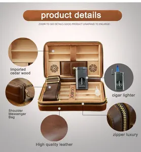 Atacado Cedar Wood Pu Leather Cigar Case Isqueiro Com Charuto Acessórios Gift Set Charuto Viagem Humidor