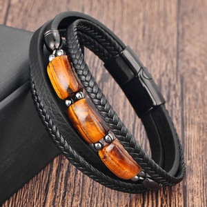 Pulsera de Cuero con Piedra Ojo de Tigre Amarillo Natural para Hombre, Brazalete de Cuero Trenzado de Doble Capa con Cierre Magnético de Acero Inoxidable - Product Image 1