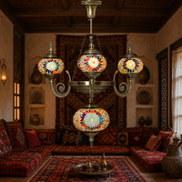 Lustre suspendu marocain antique turc artisanal en mosaïque 3+1 globes de Marrakech