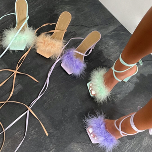 Escarpins fourrés tendance pour femme à talon haut et bout carré, sandales à lacets sexy avec fourrure - Product Image 1