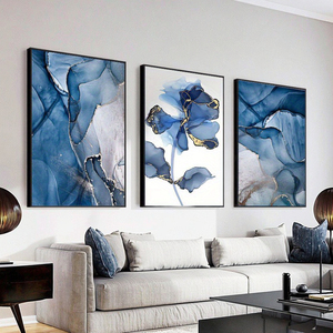 Set di stampe su tela di fiori in marmo blu dorato astratto di lusso con 3 decorazioni artistiche da parete cornici in tela soggetti ancora in vita dipinti - Product Image 2