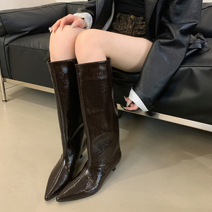 Botas Altas de Tacón Bajo con Punta en Pico, de Charol Rojo Oscuro, Estilo Otoño/Invierno, para Mujer, Nueva Colección en Oferta - Product Image 2