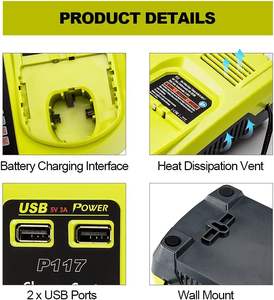 Chargeur double <span class=keywords><strong>chimie</strong></span> QIYUN Ryobi One Plus pour outils électriques, P117, plug-and-play, 12V 14.4V 18V <span class=keywords><strong>NI</strong></span>-Cd <span class=keywords><strong>NI</strong></span>-Mh Li-Ion 54W, double USB - Product Image 4