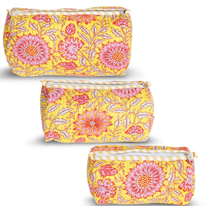 New Taste India Floral Bohemian Large 100% Cotton Quilted <b>Cosmetic</b> Bag Set Yellow Zipper Closure Foldable Makeup <b>Organizer</b> - Product Image 1