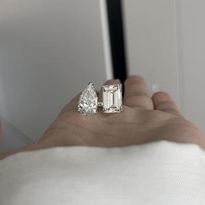 Bague ouverte en argent pur S925, forme poire, design goutte d'eau, élégante, grande pierre en forme de cube de sucre, incrustation de deux pierres, coupe légère, luxe de niche - Product Image 2