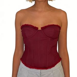 Top corsé transparente de encaje sin tirantes con volantes para mujer - Top bustier con varillas y efecto push-up a la moda - Product Image 4