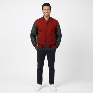 Veste bomber universitaire rouge avec manches noires, veste universitaire avec manches en cuir, veste universitaire en cuir personnalisée - Product Image 1