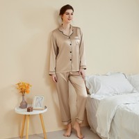 Ensemble de pyjama en satin pour femmes, polyester, manches longues, boutonné, vêtements de nuit, bordure noire, vêtements de détente pour femmes, ensemble deux pièces