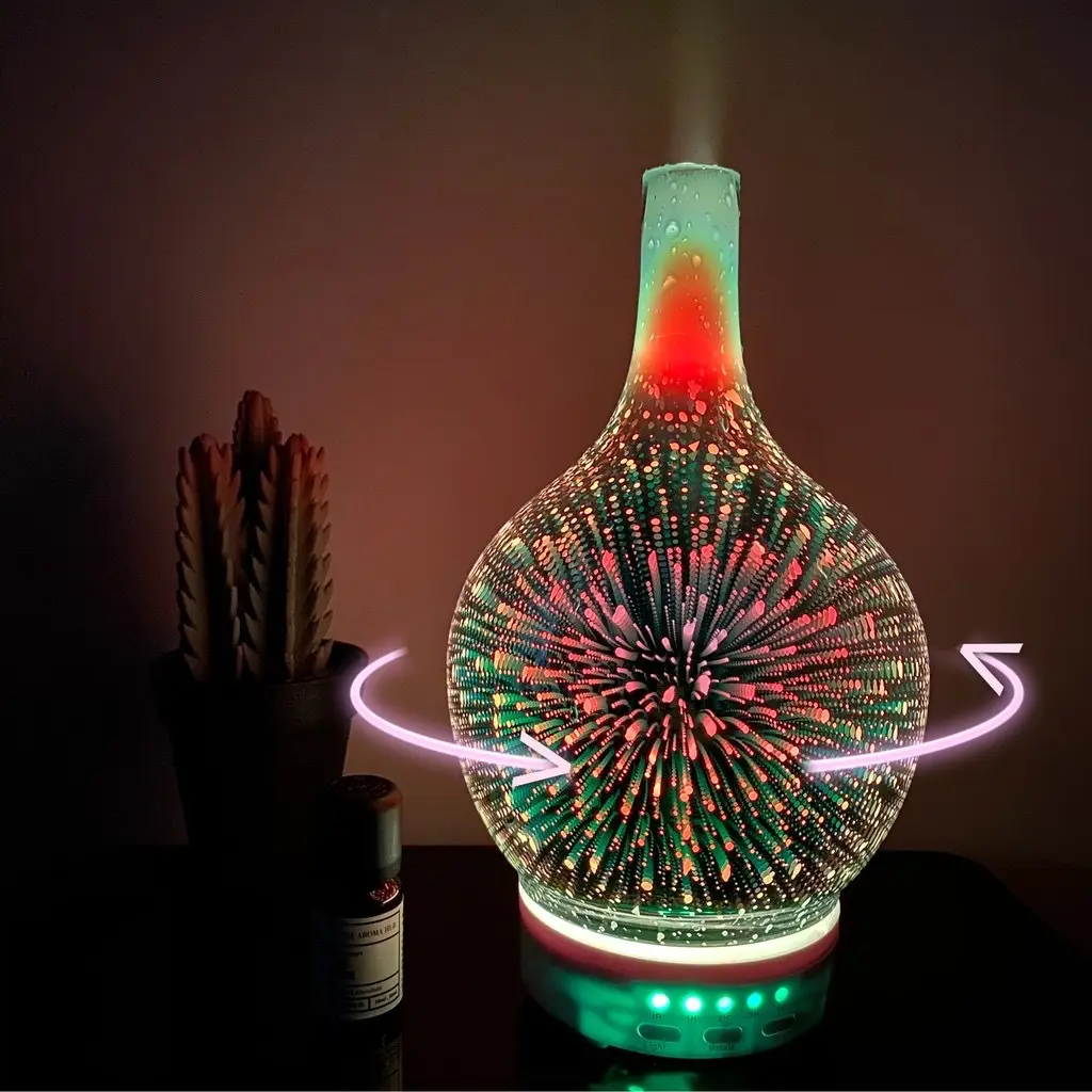 Fábrica de Fogo De Artifício 3D 7 Cor Led Night Luz Vaso De Vidro Forma Umidificador de Ar Ultra-sônica Máquina De Névoa Aroma Difusor Óleo Essencial