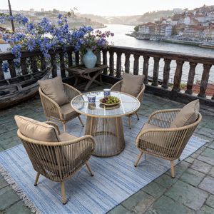 Ensemble de salle à manger d'extérieur en rotin portugais 5 pièces avec table ronde en verre, couleurs de coussins personnalisables pour balcon en bord de rivière - Product Image 2