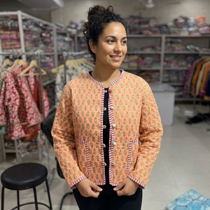 Quilted Cotton Jacket Women Floral Print Mandarin Collar Full Sleeve Autumn Style <b>Covered</b> <b>Button</b> Closure GIFT FOR HER - Product Image 1