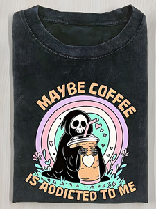Camiseta Oversize Lavada con Gráfico de Grim Reaper '<span class=keywords><strong>Quizás</strong></span> el Café Esté Posesivo de Mí', Estilo Retro Streetwear, Venta al por Mayor desde Almacén de EE. UU. - Product Image 1