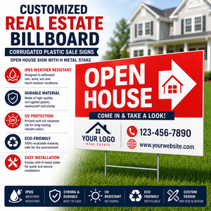 Letreros de Venta de Inmobiliarias Personalizados, Carteles de Plástico Corrugado, Letrero de Casa Abierta, Estaca Metálica en Forma de H, LED IP65 Resistente a la Intemperie - Product Image 1