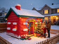 Tente gonflable de Noël en forme de maison du Père Noël, décoration commerciale extérieure de Noël, avec impression personnalisée sur mesure en usine