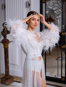 <span class=keywords><strong>Vestaglia</strong></span> da Sposa con Piume, Lingerie Sexy Trasparente, Accappatoio per Servizio Fotografico di Maternità, Boa in Marabù, Stile Boudoir Burlesque - Product Image 6