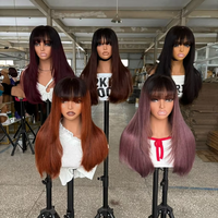 Produits de beauté : Perruque en cheveux humains de qualité supérieure, 15A SDD Vietnam, ultra-lisse, sans colle, avec dentelle, densité 300%, coupe dégradée avec frange, couleur ombrée