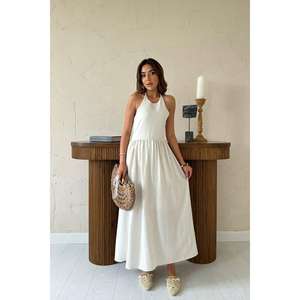 Vestido de Lino con Cintura Elástica y Espalda Descubierta, Corte en A, Transpirable, Tejido, Informal para Uso Diario - Product Image 5