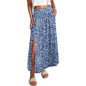 FOXA Women's Maxi <b>Skirt</b> A-Line <b>Elastic</b> Waist Floral Print Long Casual Side Slit Beach Vacation Summer <b>Skirt</b> - Product Image 1