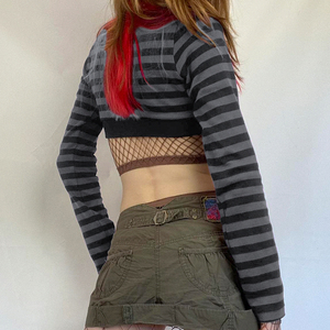 <b>Y2K</b> Dark Vintage Striped Crop Top Women U Neck Long Sleeve Button Up Knit Top Slim Fit <b>Streetwear</b> - Product Image 4