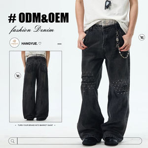 מותאם אישית אמריקאי בסגנון וינטג במצוקה ג 'ינס לגברים רופפים וישר מתאים לגמור בסגנון רחוב גבוה לגברים - Product Image 1