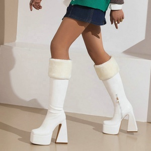 Winter Fur Top Turn Over Women Platform Knee High <b>Boots</b> Square Toe Long Booties High Chunky Heels Shoes - Product Image 3