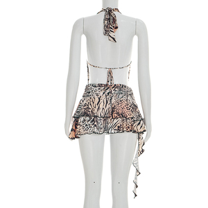 Viviblook D26DS066 Women Summer Dress New Casual Sexy Leopard <b>Print</b> Halter Swinging V Neck Backless <b>Mini</b> Dress - Product Image 6