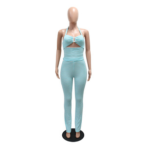 Nuovo Completo Estivo da Donna Sexy a Righe con Patchwork, Top Halter Senza Schienale + Pantaloni Aderenti - Product Image 6