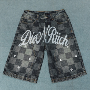 Cut Edge Denim Jogger Sweat Wash Cotton Checkerboard <strong>Shorts</strong> Distressed Streetwear Men Jorts Custom Laser Print Logo Jorts - Product Image 1