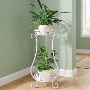 White <b>Metal</b> <b>Flower</b> <b>Stand</b> With Two Tiers For Indoor Plants Classic Vintage Design Powder Coated Finish - Product Image 6