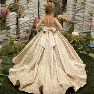 Vestido de niña de las flores dorado con mangas de ilusión, botones de lazo y falda esponjosa para cumpleaños, bodas, fiestas, damas de honor infantiles - Product Image 3