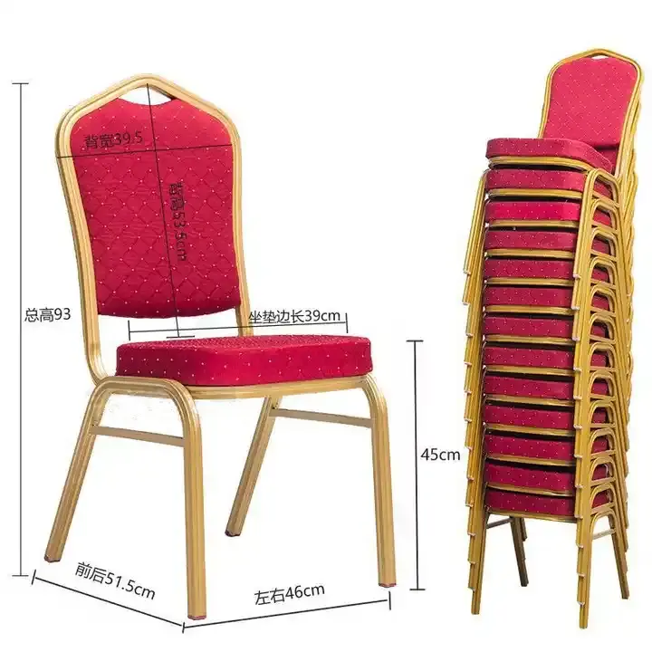 Meubles de salle de banquet rouges empilables Chaises et table de fête et d'hôtel pieds en or de mariage Chaises de banquet empilables en gros pour événement