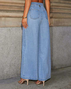 Set Dua Potong Chic Rompi Denim Wanita Kancing Tunggal + Celana Jeans Kaki Lebar Kasual Longgar 2025 Y2k Set Celana Wanita - Product Image 3