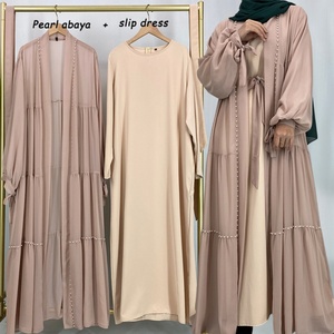 Discount Hot Selling 2PCS Abaya Set (White Pearls Open Abaya Plus Solid Color Long Sleeve <b>Slip</b> Dress) for Muslim <b>Women</b> 1964+6597 - Product Image 2